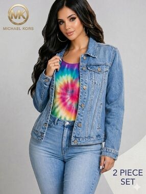 MICHAEL KORS Denim Jacket Womens Size XL & GWP Tie dye RAINBOW Ribbed Tank Top